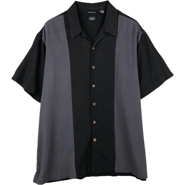Haggar Linen x Rayon Open Collar Short Sleeve Two-Tone Shirt, Boxy Shirt, Men's XL Equivalent linen black type Vintage Second Hand