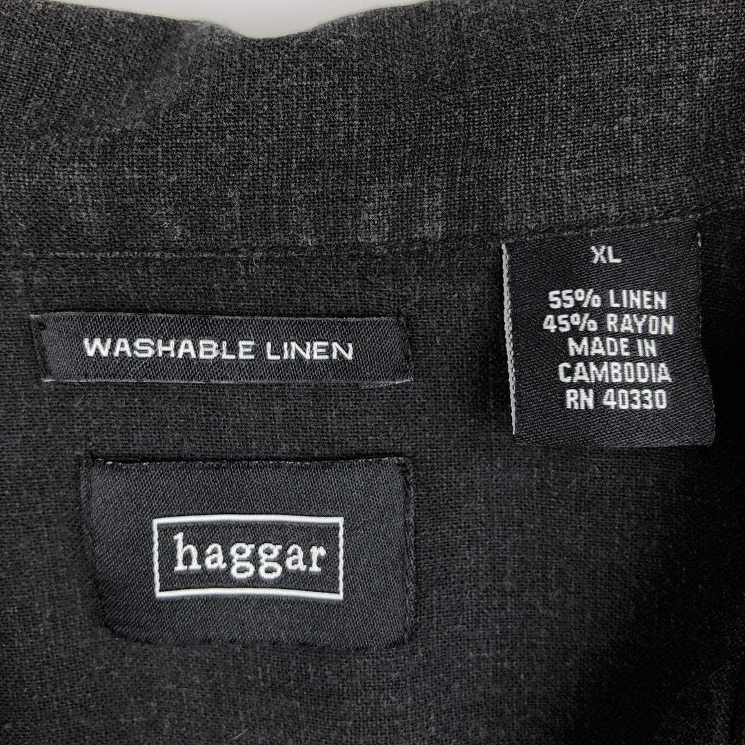 Haggar Linen x Rayon Open Collar Short Sleeve Two-Tone Shirt, Boxy Shirt, Men's XL Equivalent linen black type Vintage Second Hand