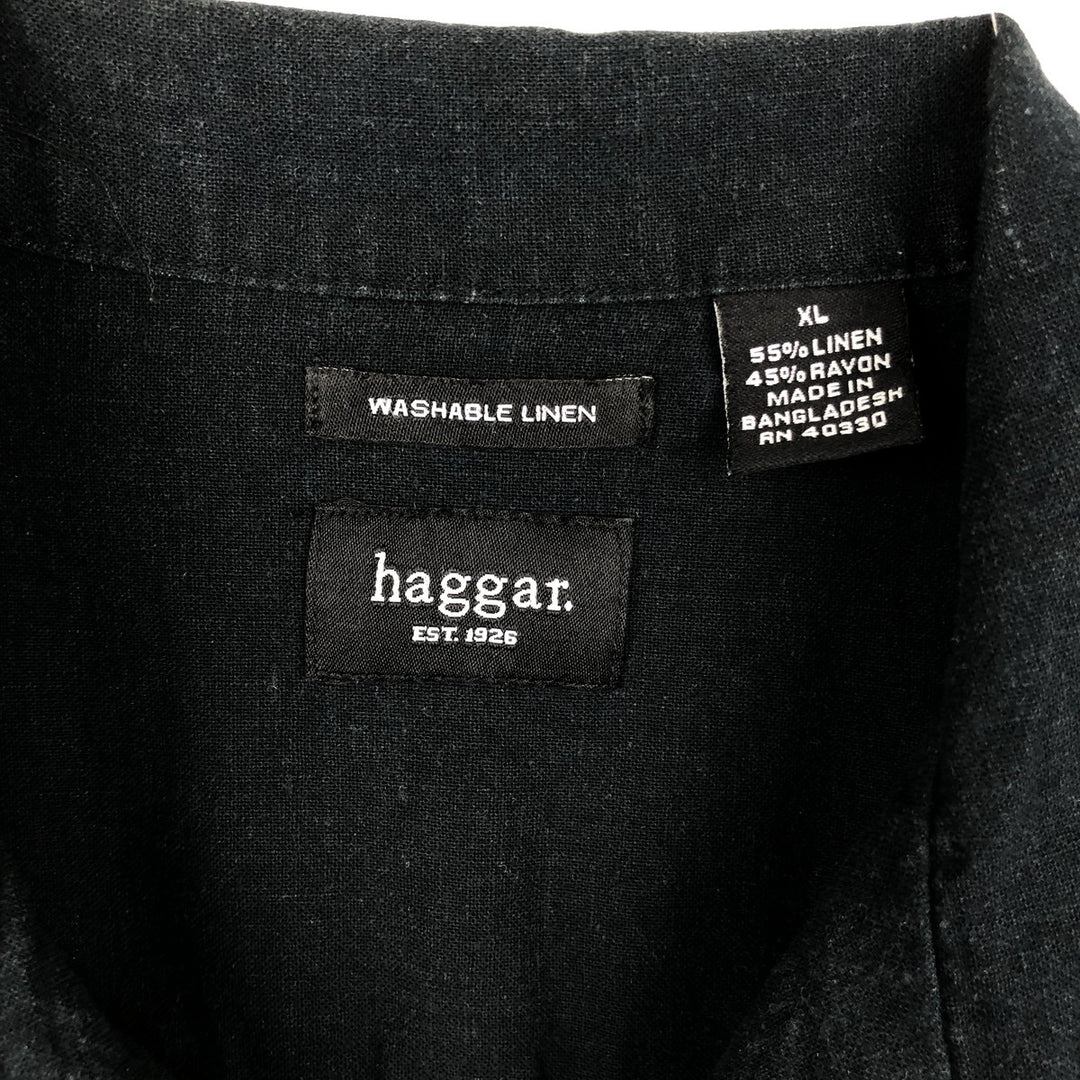 Haggar Washable Linen Short-Sleeve Open-Collar Linen x Rayon Box Shirt (Men's XL equivalent) linen black type Vintage Second Hand