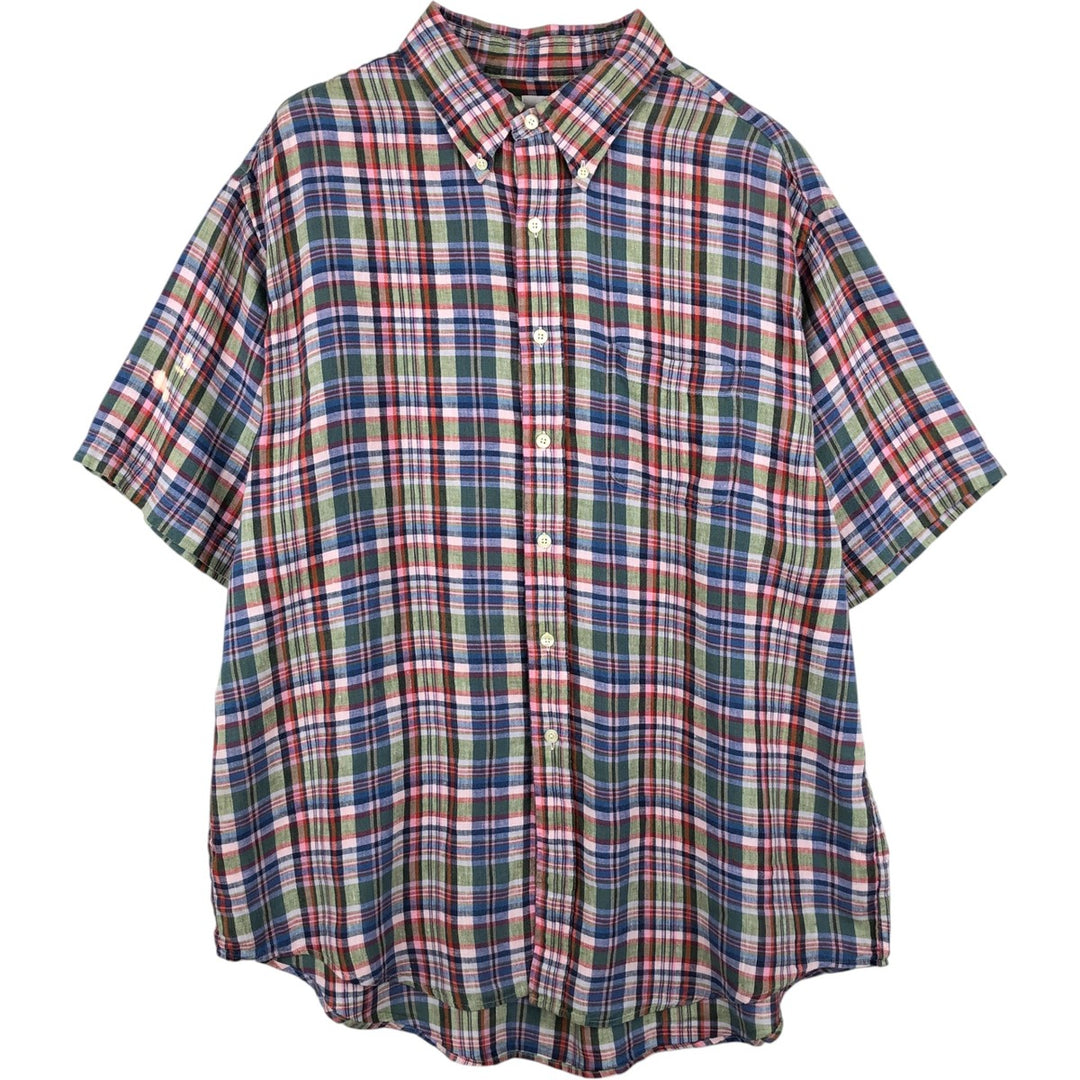 Brooks Brothers 346 Check Pattern Madras Check Short-Sleeve Linen Button-Down Shirt, Men's Size XL (approx.) linen red type Vintage Second Hand