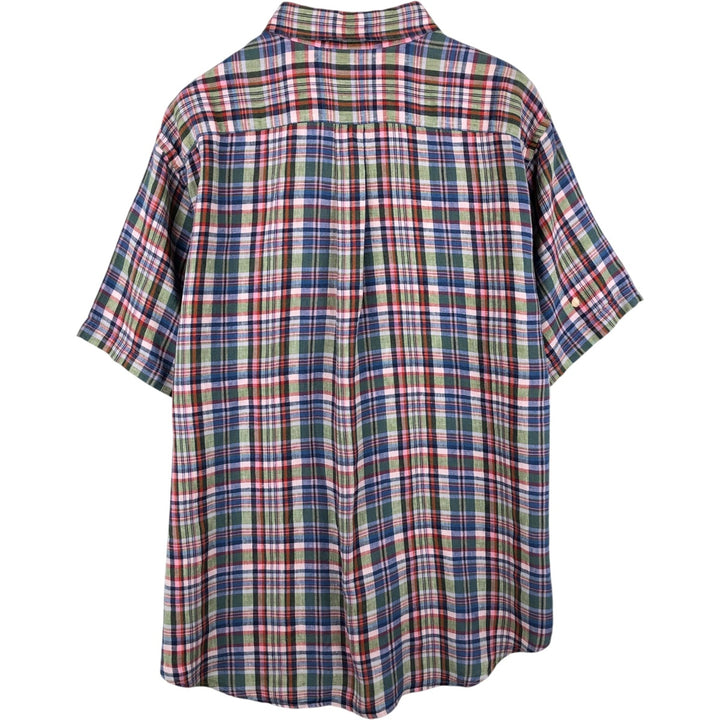 Brooks Brothers 346 Check Pattern Madras Check Short-Sleeve Linen Button-Down Shirt, Men's Size XL (approx.) linen red type Vintage Second Hand