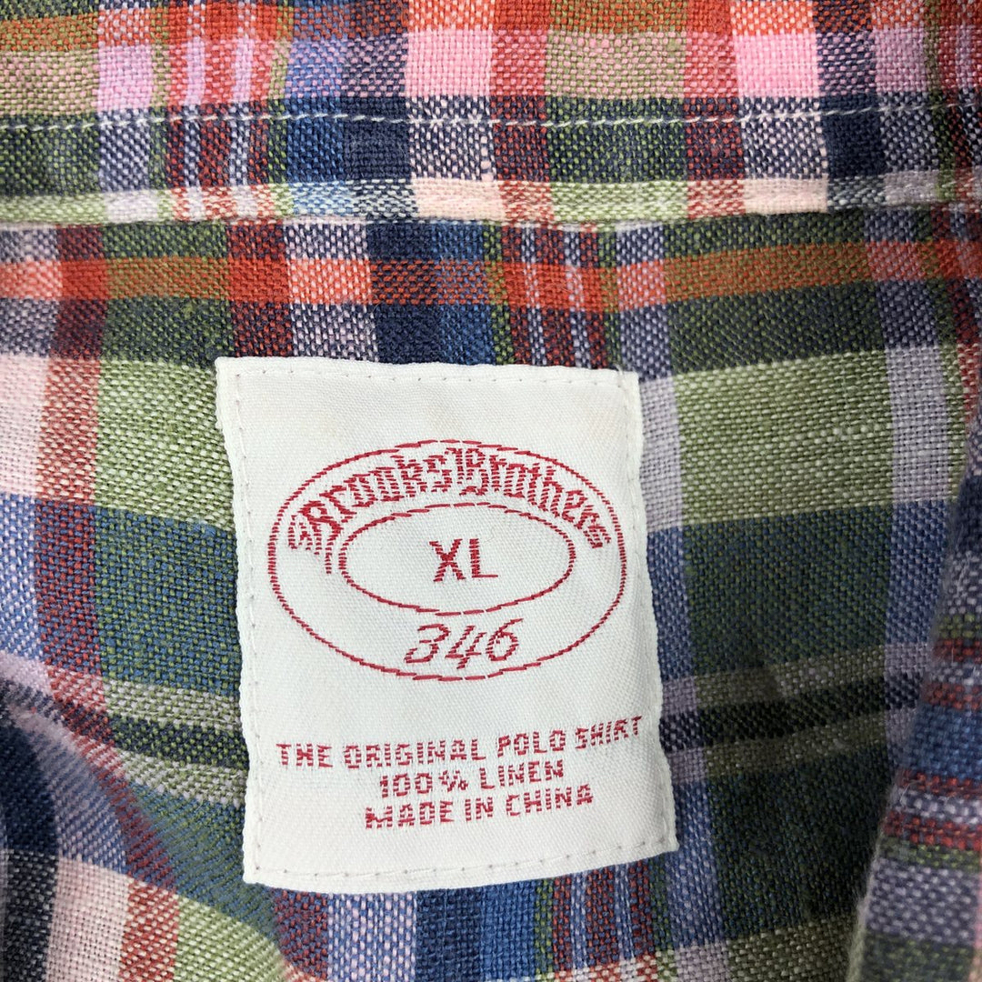 Brooks Brothers 346 Check Pattern Madras Check Short-Sleeve Linen Button-Down Shirt, Men's Size XL (approx.) linen red type Vintage Second Hand