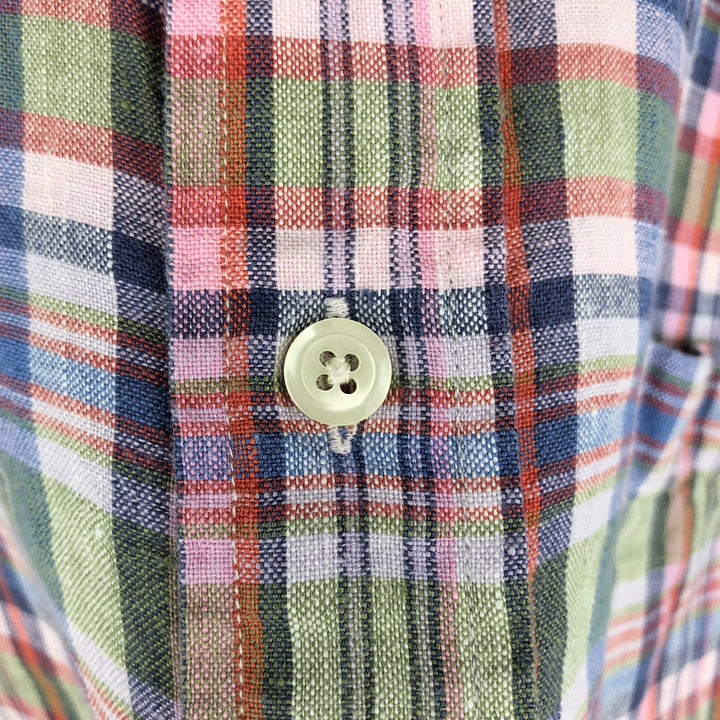 Brooks Brothers 346 Check Pattern Madras Check Short-Sleeve Linen Button-Down Shirt, Men's Size XL (approx.) linen red type Vintage Second Hand