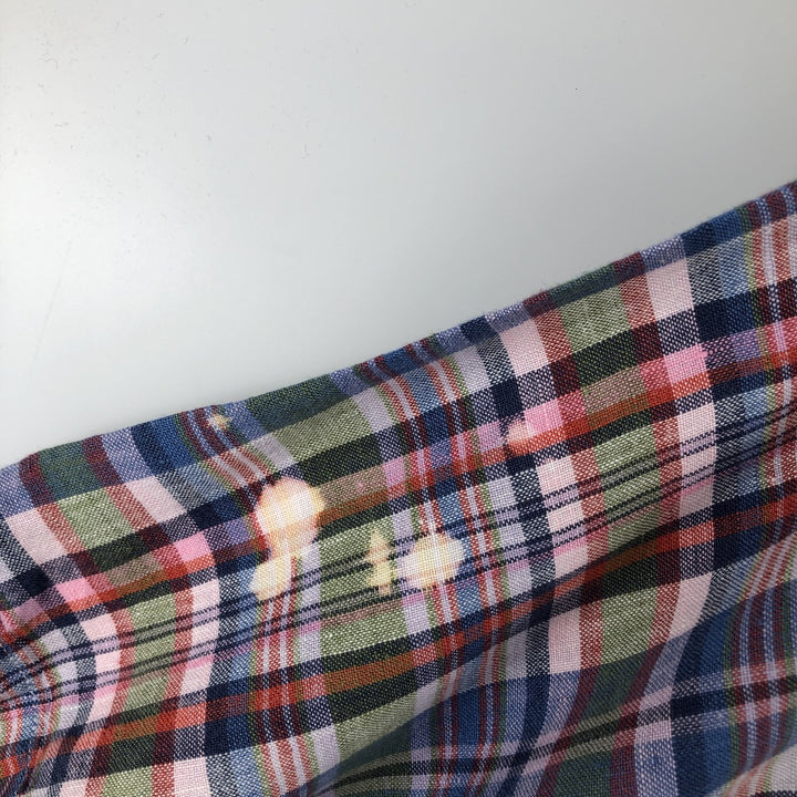 Brooks Brothers 346 Check Pattern Madras Check Short-Sleeve Linen Button-Down Shirt, Men's Size XL (approx.) linen red type Vintage Second Hand