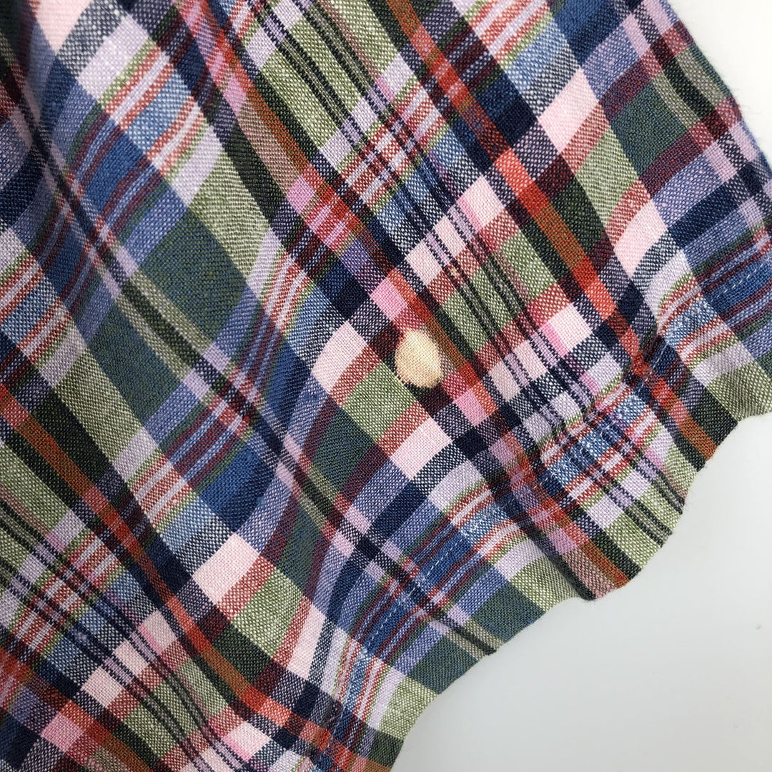 Brooks Brothers 346 Check Pattern Madras Check Short-Sleeve Linen Button-Down Shirt, Men's Size XL (approx.) linen red type Vintage Second Hand