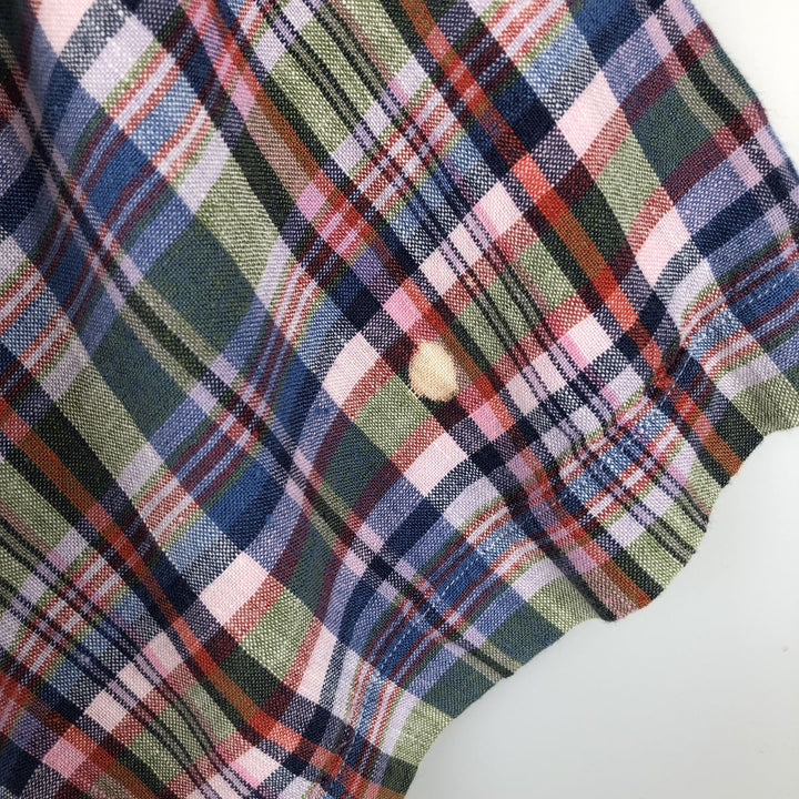Brooks Brothers 346 Check Pattern Madras Check Short-Sleeve Linen Button-Down Shirt, Men's Size XL (approx.) linen red type Vintage Second Hand