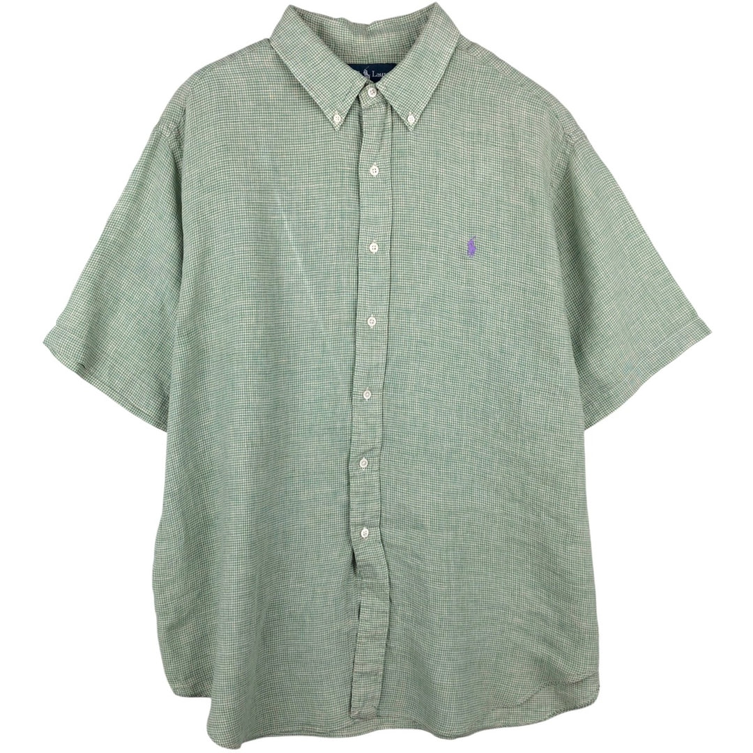 Ralph Lauren Check Pattern Short Sleeve Linen Button Down Shirt Men's XXL linen green type Vintage Second Hand