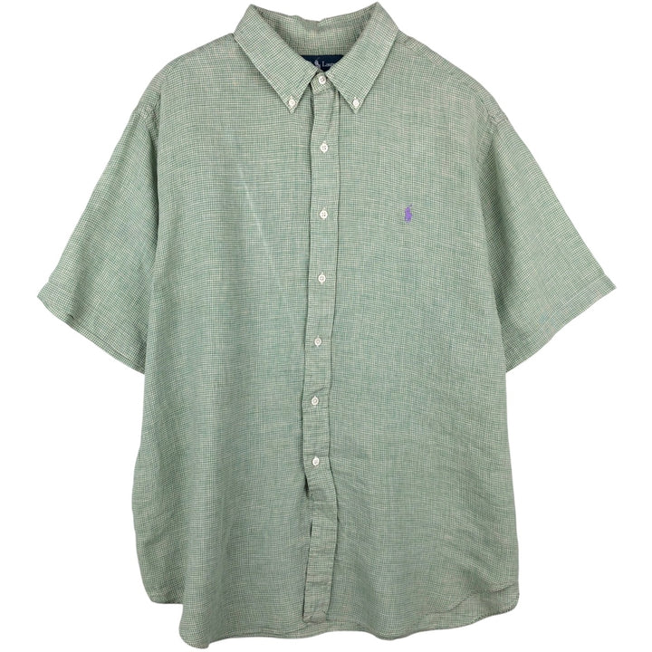 Ralph Lauren Check Pattern Short Sleeve Linen Button Down Shirt Men's XXL linen green type Vintage Second Hand