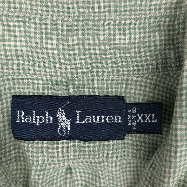 Ralph Lauren Check Pattern Short Sleeve Linen Button Down Shirt Men's XXL linen green type Vintage Second Hand