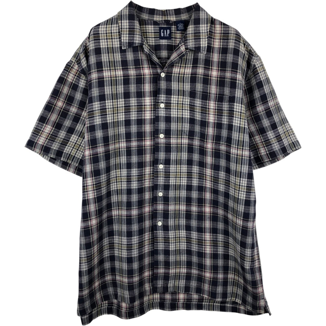 90'S GAP Old Gap Check Pattern Short-Sleeve Open Collar Linen Shirt Box Shirt Men's Size L linen navy blue type Vintage Second Hand