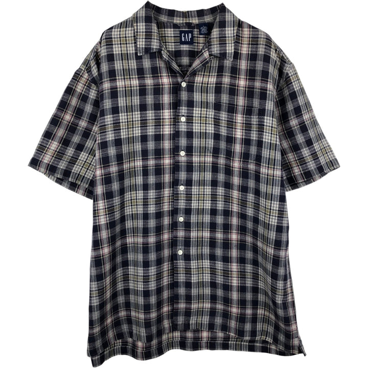 90'S GAP Old Gap Check Pattern Short-Sleeve Open Collar Linen Shirt Box Shirt Men's Size L linen navy blue type Vintage Second Hand