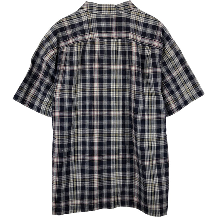 90'S GAP Old Gap Check Pattern Short-Sleeve Open Collar Linen Shirt Box Shirt Men's Size L linen navy blue type Vintage Second Hand