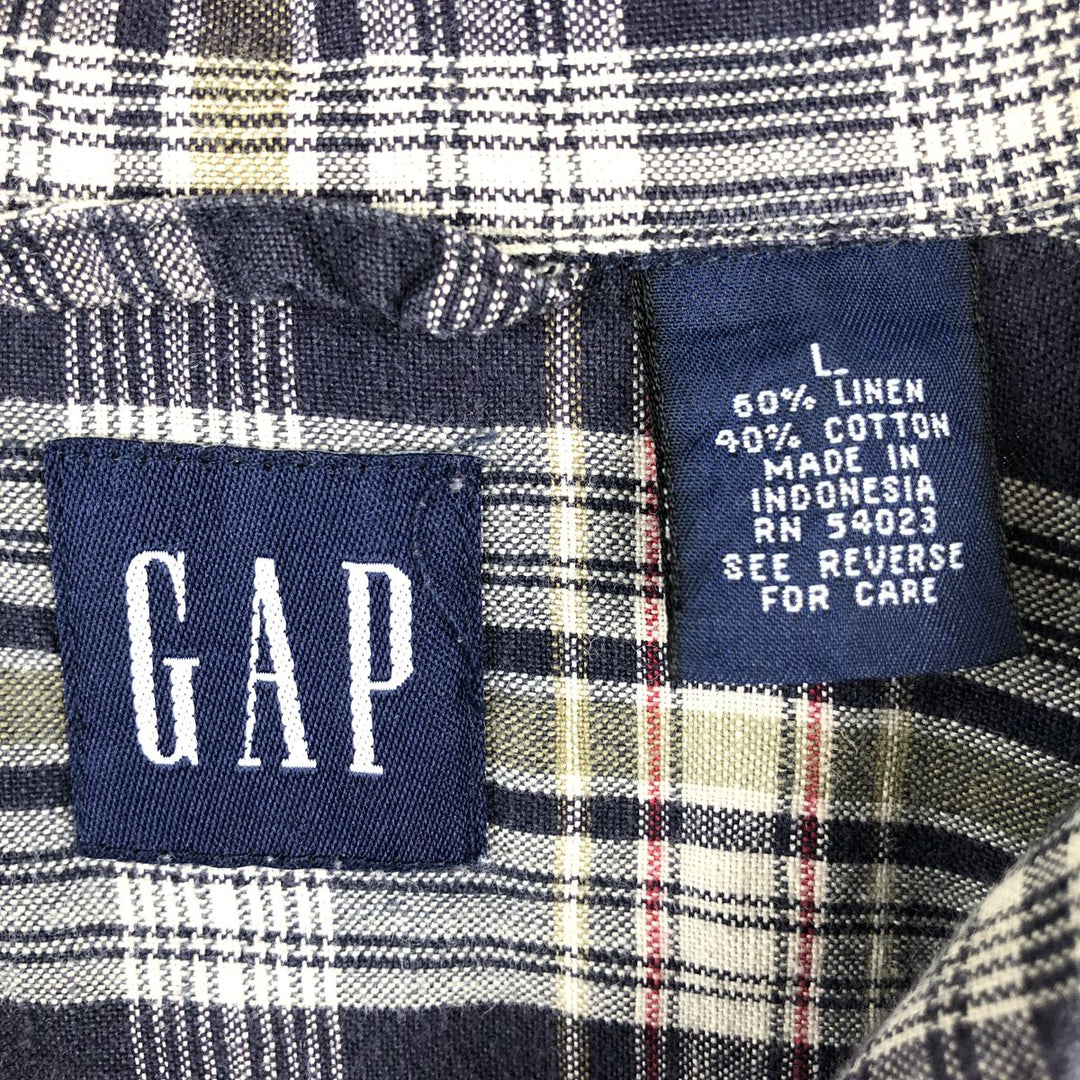 90'S GAP Old Gap Check Pattern Short-Sleeve Open Collar Linen Shirt Box Shirt Men's Size L linen navy blue type Vintage Second Hand