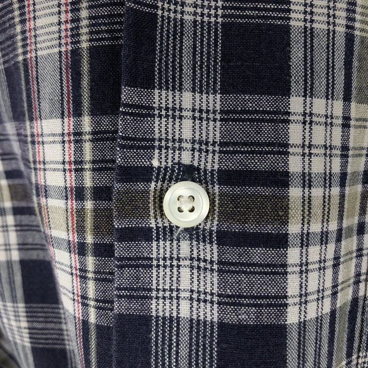 90'S GAP Old Gap Check Pattern Short-Sleeve Open Collar Linen Shirt Box Shirt Men's Size L linen navy blue type Vintage Second Hand