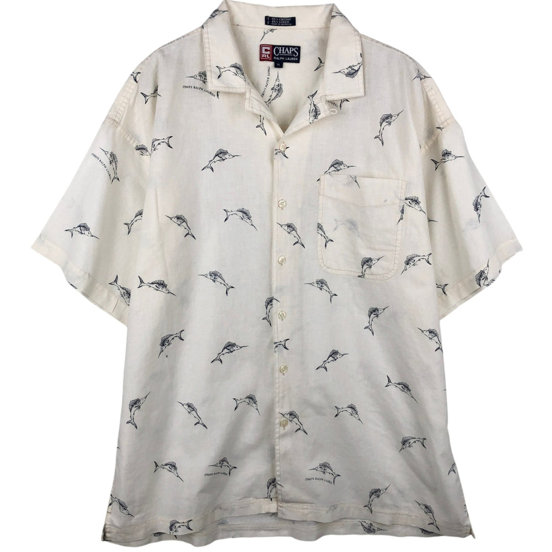 Ralph Lauren Chaps, all-over marlin pattern, short-sleeved, open-collar, linen x cotton shirt, boxy fit, men's size XL equivalent. cotton ivory Vintage Second Hand