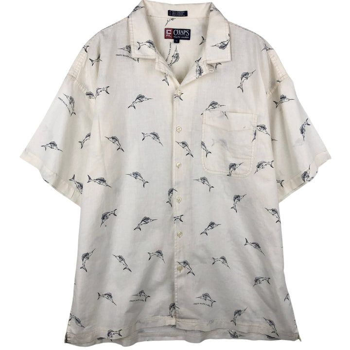 Ralph Lauren Chaps, all-over marlin pattern, short-sleeved, open-collar, linen x cotton shirt, boxy fit, men's size XL equivalent. cotton ivory Vintage Second Hand