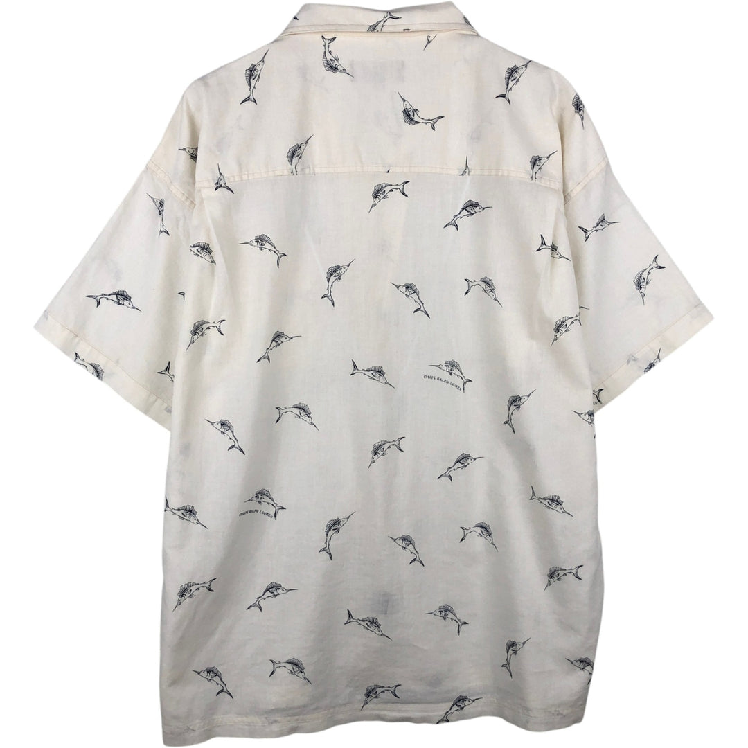 Ralph Lauren Chaps, all-over marlin pattern, short-sleeved, open-collar, linen x cotton shirt, boxy fit, men's size XL equivalent. cotton ivory Vintage Second Hand