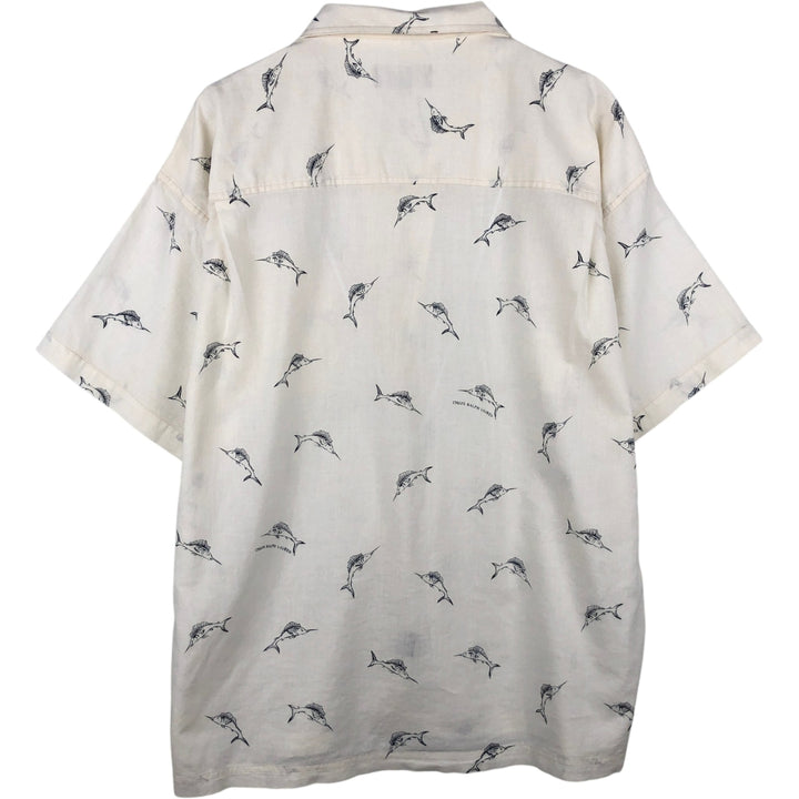 Ralph Lauren Chaps, all-over marlin pattern, short-sleeved, open-collar, linen x cotton shirt, boxy fit, men's size XL equivalent. cotton ivory Vintage Second Hand