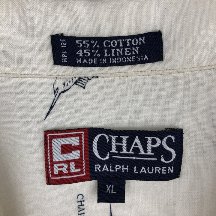 Ralph Lauren Chaps, all-over marlin pattern, short-sleeved, open-collar, linen x cotton shirt, boxy fit, men's size XL equivalent. cotton ivory Vintage Second Hand