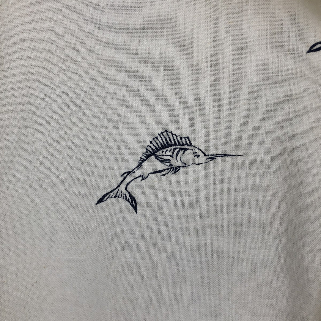 Ralph Lauren Chaps, all-over marlin pattern, short-sleeved, open-collar, linen x cotton shirt, boxy fit, men's size XL equivalent. cotton ivory Vintage Second Hand