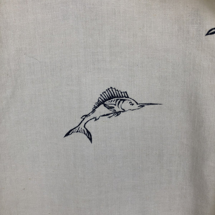 Ralph Lauren Chaps, all-over marlin pattern, short-sleeved, open-collar, linen x cotton shirt, boxy fit, men's size XL equivalent. cotton ivory Vintage Second Hand