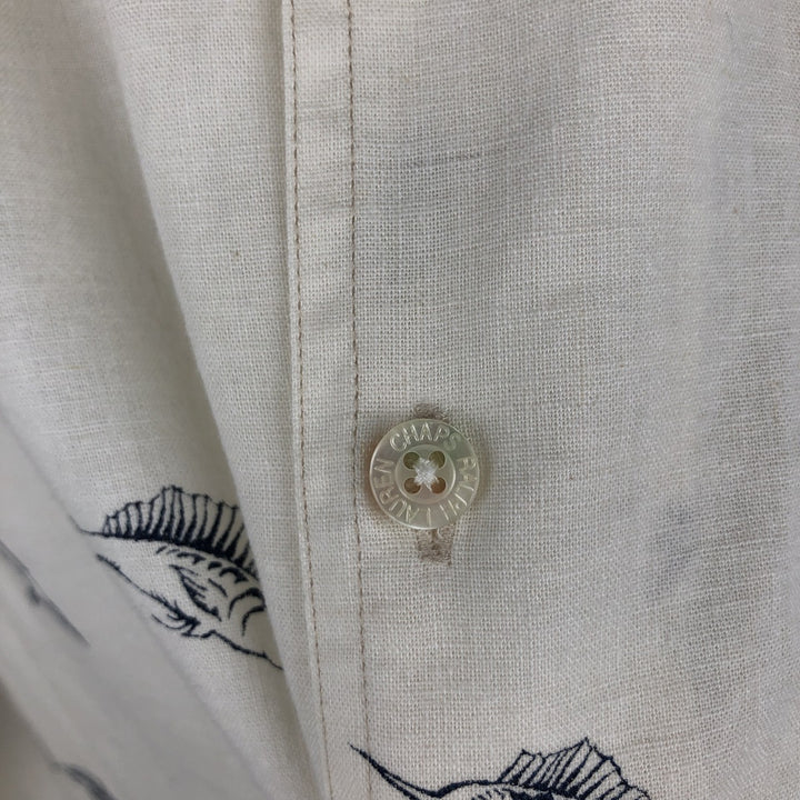 Ralph Lauren Chaps, all-over marlin pattern, short-sleeved, open-collar, linen x cotton shirt, boxy fit, men's size XL equivalent. cotton ivory Vintage Second Hand