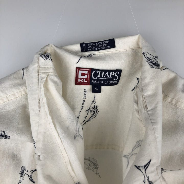 Ralph Lauren Chaps, all-over marlin pattern, short-sleeved, open-collar, linen x cotton shirt, boxy fit, men's size XL equivalent. cotton ivory Vintage Second Hand