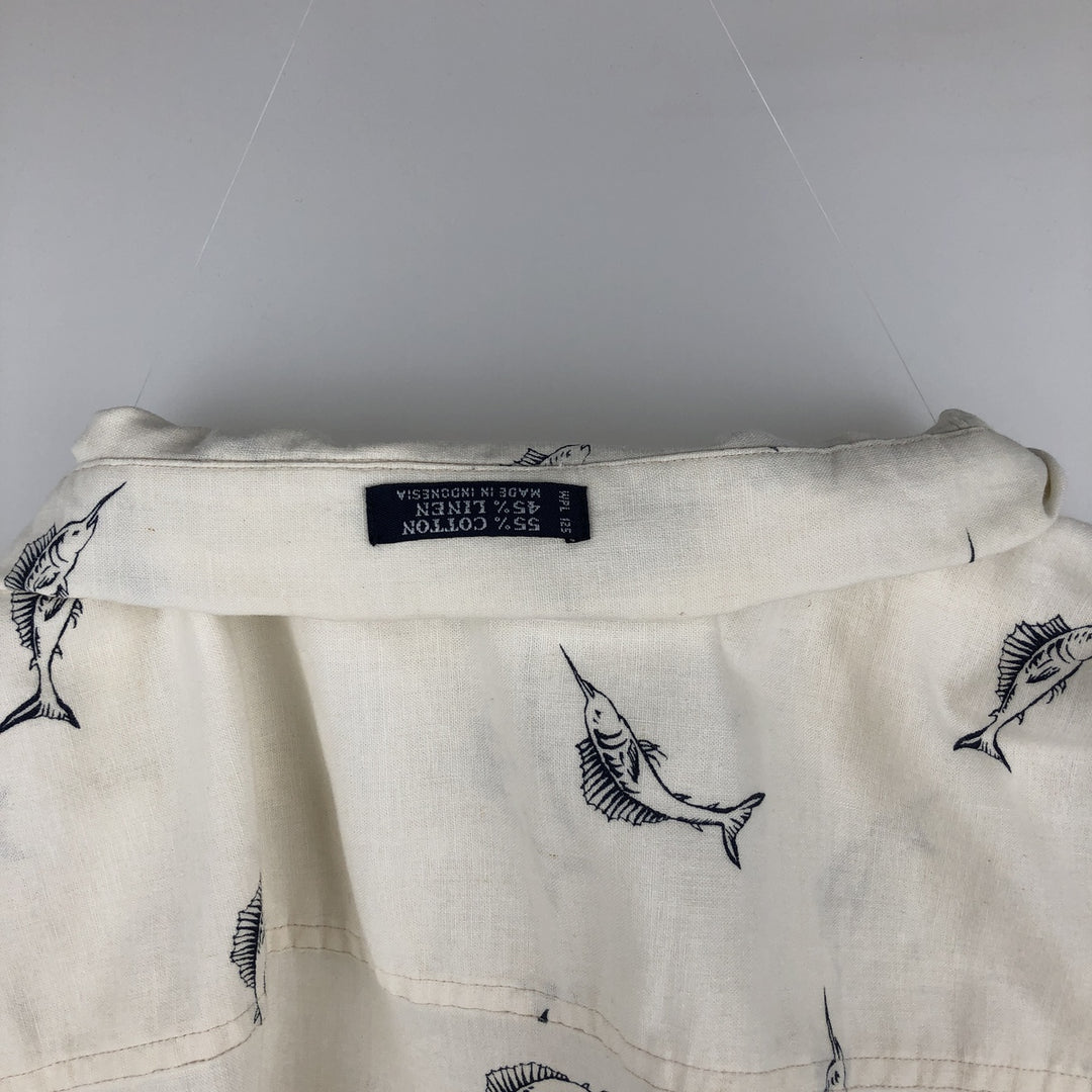 Ralph Lauren Chaps, all-over marlin pattern, short-sleeved, open-collar, linen x cotton shirt, boxy fit, men's size XL equivalent. cotton ivory Vintage Second Hand