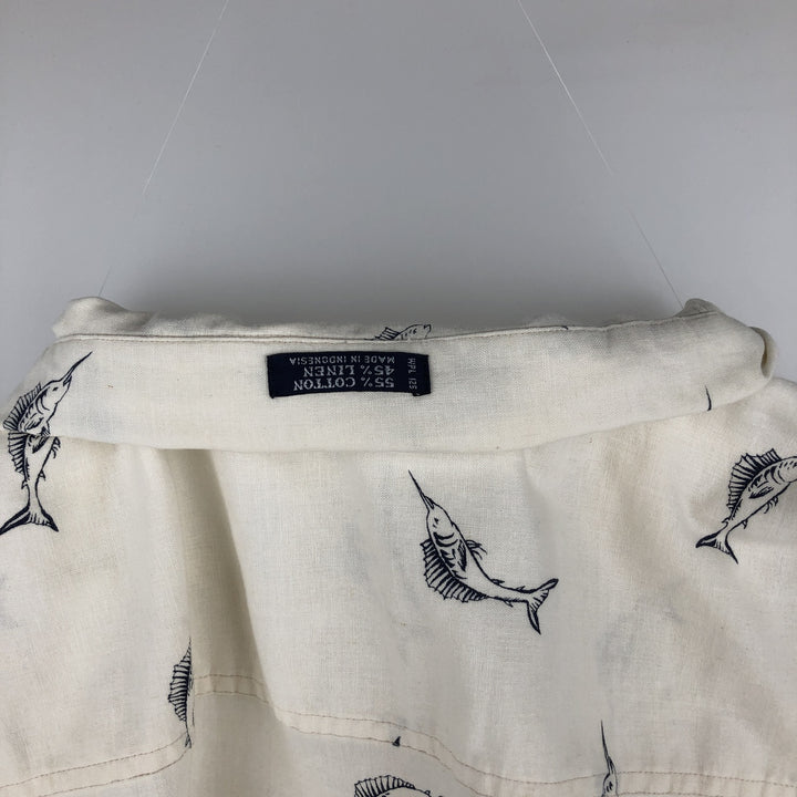 Ralph Lauren Chaps, all-over marlin pattern, short-sleeved, open-collar, linen x cotton shirt, boxy fit, men's size XL equivalent. cotton ivory Vintage Second Hand