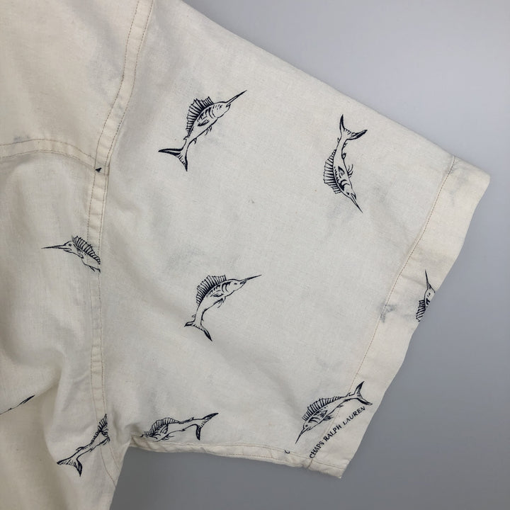 Ralph Lauren Chaps, all-over marlin pattern, short-sleeved, open-collar, linen x cotton shirt, boxy fit, men's size XL equivalent. cotton ivory Vintage Second Hand