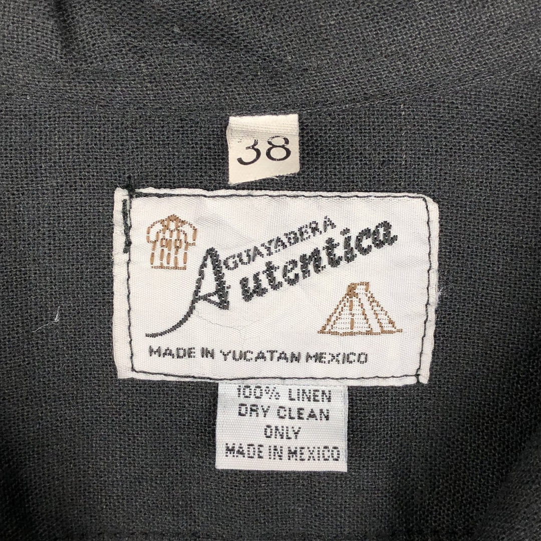 ~90'S Guayaberas Autenticas Short-Sleeve Open-Collar Mexican Shirt Cuban Shirt Box Shirt Men's Size L linen black type Vintage Second Hand