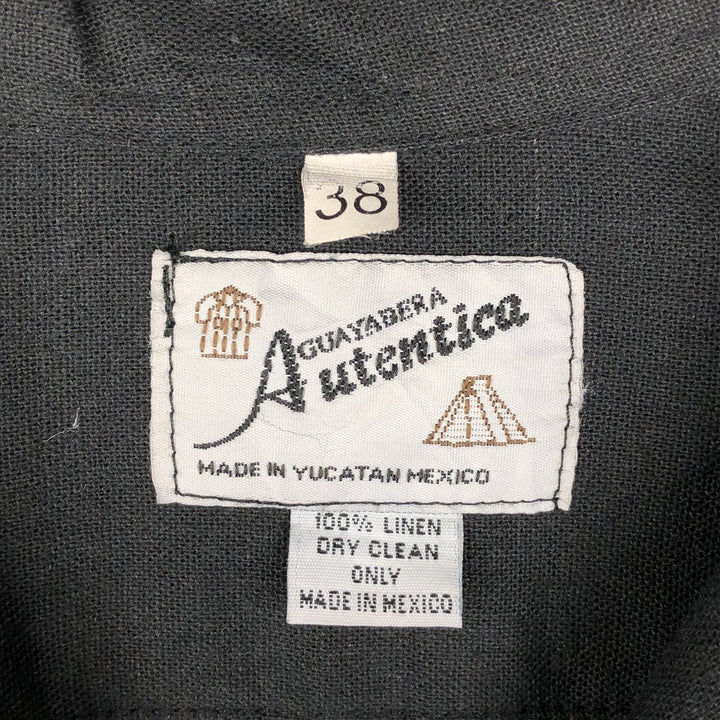 ~90'S Guayaberas Autenticas Short-Sleeve Open-Collar Mexican Shirt Cuban Shirt Box Shirt Men's Size L linen black type Vintage Second Hand