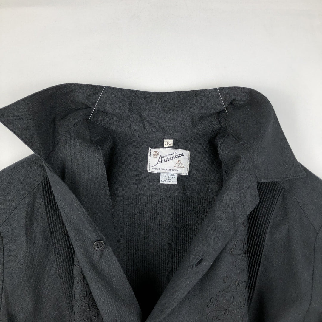 ~90'S Guayaberas Autenticas Short-Sleeve Open-Collar Mexican Shirt Cuban Shirt Box Shirt Men's Size L linen black type Vintage Second Hand