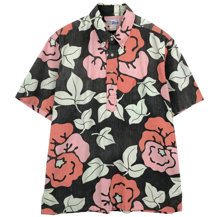 90'S Reyn Spooner swimwear tag, bikini tag, floral print, all-over print, button-down, Hawaiian Aloha shirt, boxy shirt, made in Hawaii. cotton black type Vintage Second Hand