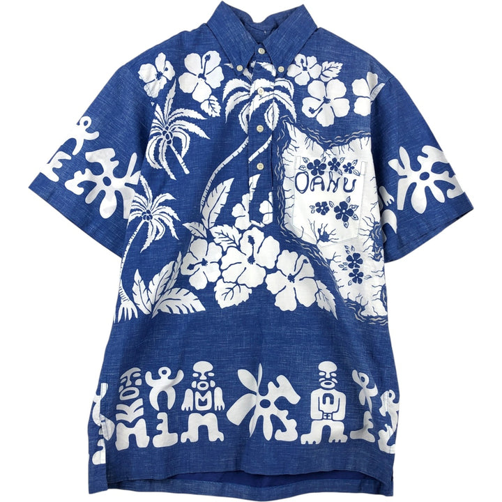 90'S Reyn Spooner Phil Edwards all-over print pullover button-down Aloha shirt, boxy shirt, men's size S (approx.) cotton blue type Vintage Second Hand