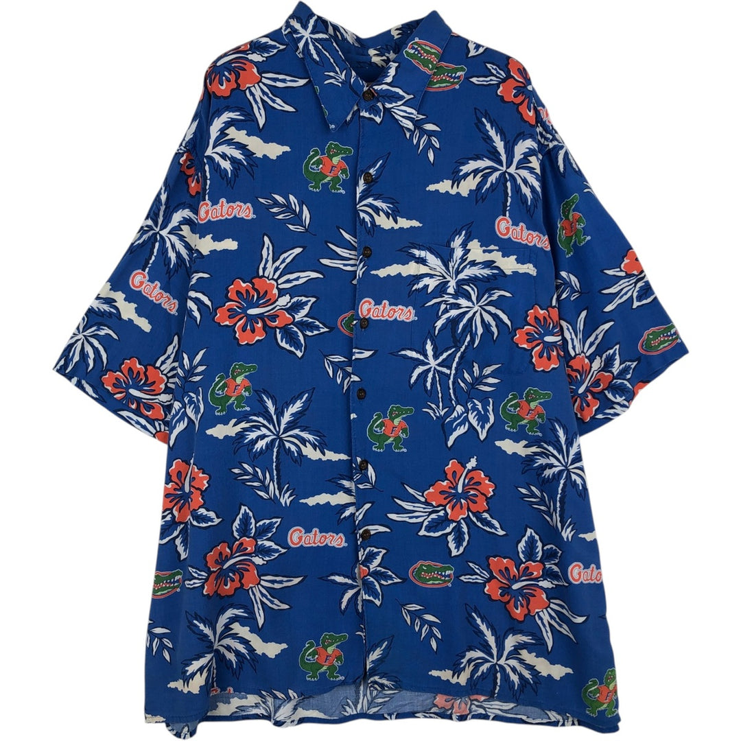 90'S Reyn Spooner American Classics all-over hibiscus pattern palm tree aloha shirt, boxy style, men's size XL equivalent. Rayon navy blue type Vintage Second Hand
