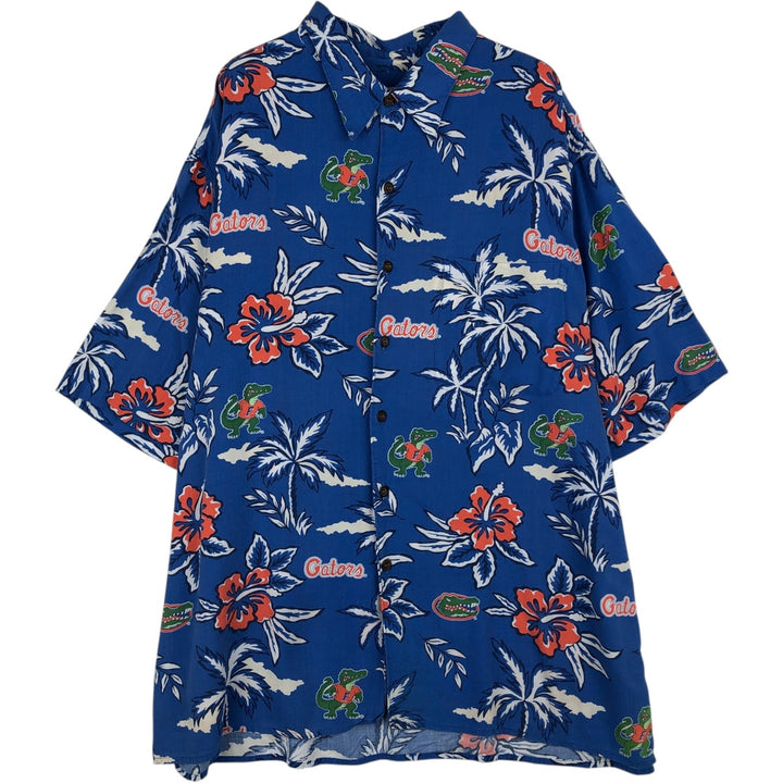 90'S Reyn Spooner American Classics all-over hibiscus pattern palm tree aloha shirt, boxy style, men's size XL equivalent. Rayon navy blue type Vintage Second Hand