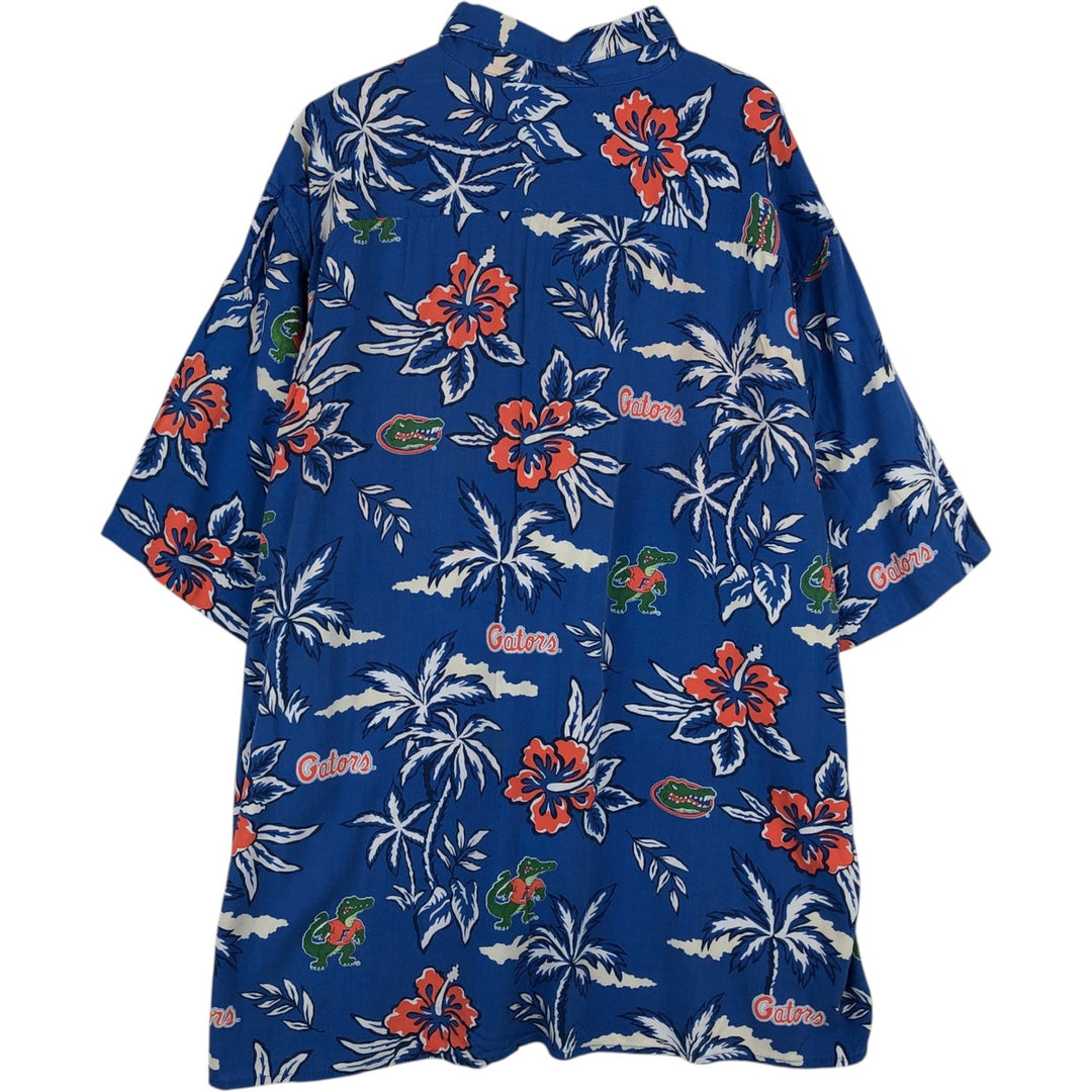 90'S Reyn Spooner American Classics all-over hibiscus pattern palm tree aloha shirt, boxy style, men's size XL equivalent. Rayon navy blue type Vintage Second Hand