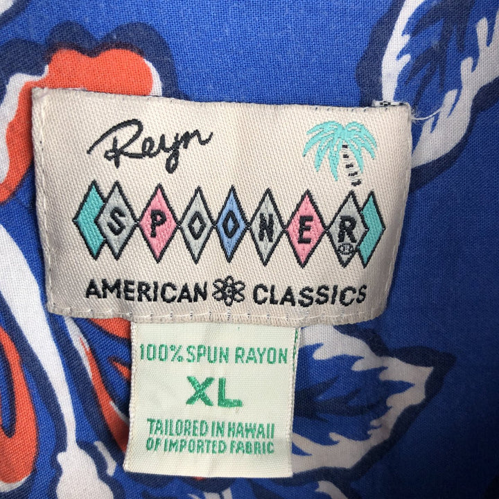 90'S Reyn Spooner American Classics all-over hibiscus pattern palm tree aloha shirt, boxy style, men's size XL equivalent. Rayon navy blue type Vintage Second Hand