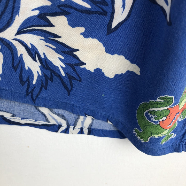 90'S Reyn Spooner American Classics all-over hibiscus pattern palm tree aloha shirt, boxy style, men's size XL equivalent. Rayon navy blue type Vintage Second Hand