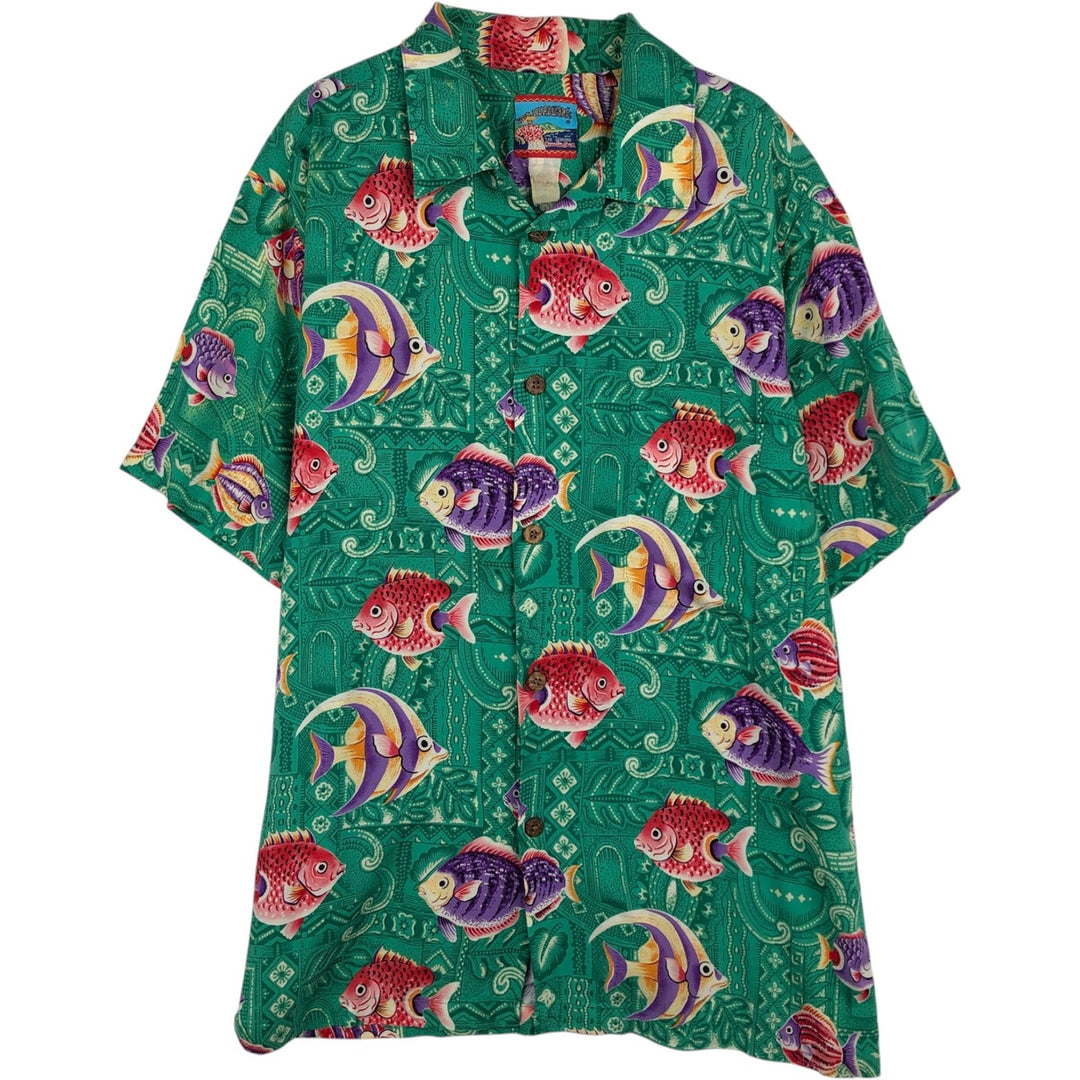 80s-90'S JOE KEALOHA All-over fish print open-collar Hawaiian Aloha shirt, boxy style, men's size L equivalent, vintage. unclear green type Vintage Second Hand