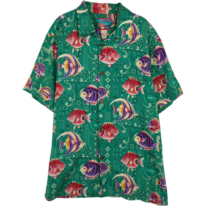 80s-90'S JOE KEALOHA All-over fish print open-collar Hawaiian Aloha shirt, boxy style, men's size L equivalent, vintage. unclear green type Vintage Second Hand