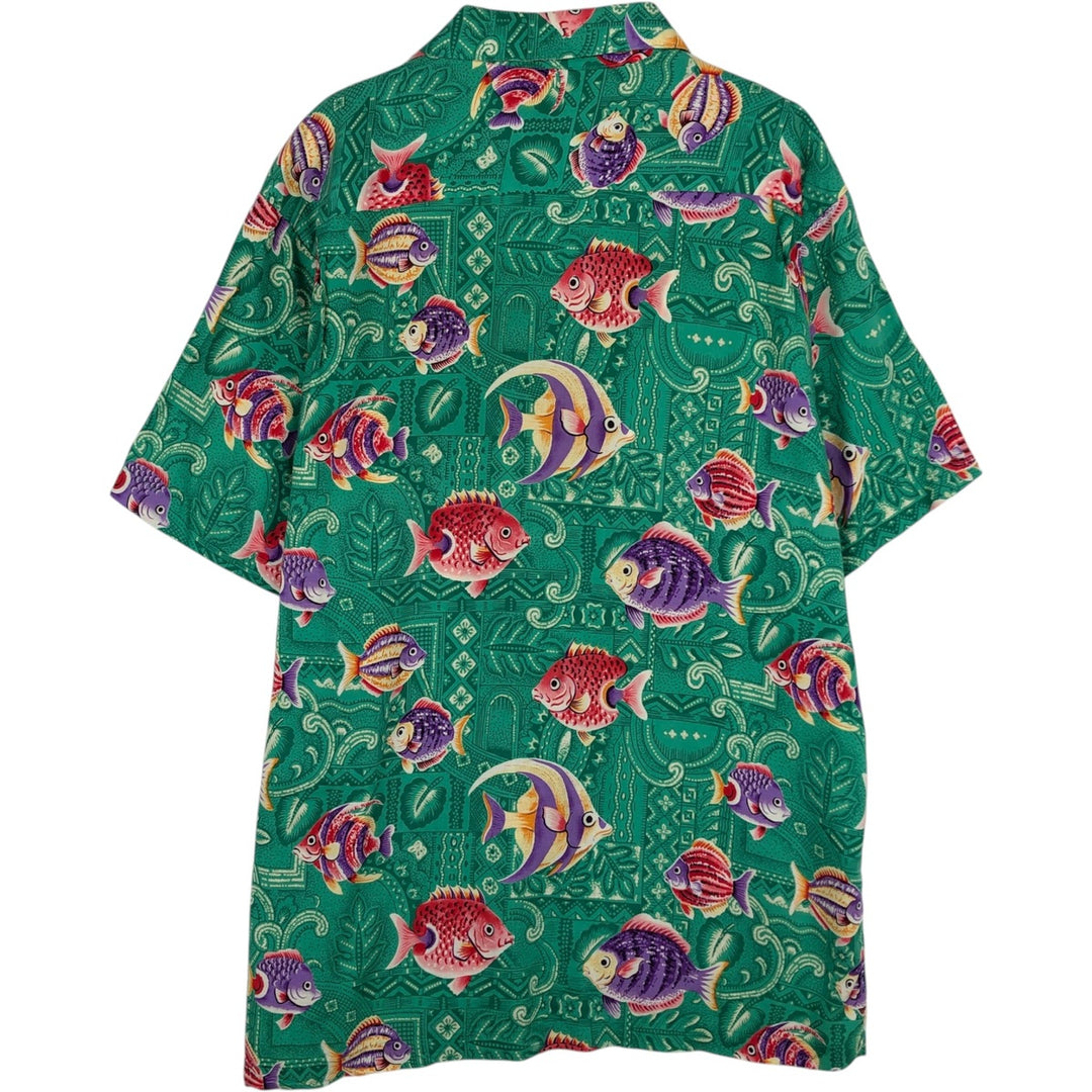 80s-90'S JOE KEALOHA All-over fish print open-collar Hawaiian Aloha shirt, boxy style, men's size L equivalent, vintage. unclear green type Vintage Second Hand