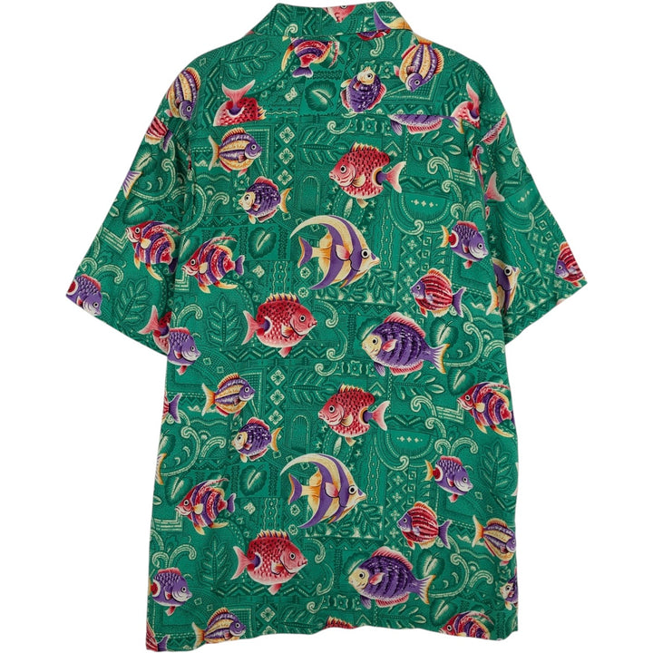 80s-90'S JOE KEALOHA All-over fish print open-collar Hawaiian Aloha shirt, boxy style, men's size L equivalent, vintage. unclear green type Vintage Second Hand