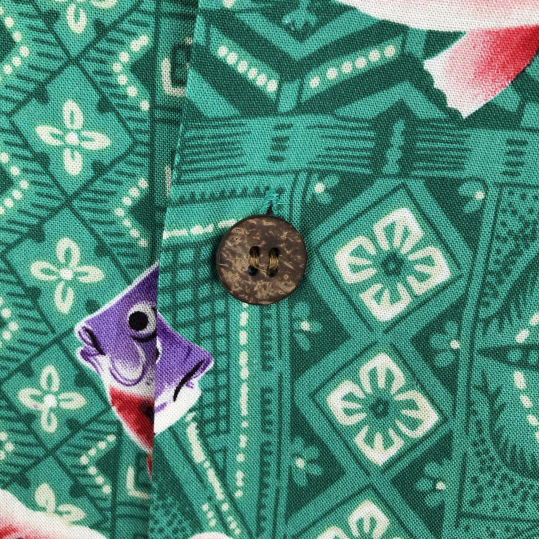 80s-90'S JOE KEALOHA All-over fish print open-collar Hawaiian Aloha shirt, boxy style, men's size L equivalent, vintage. unclear green type Vintage Second Hand