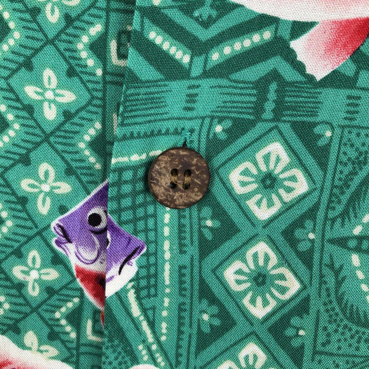 80s-90'S JOE KEALOHA All-over fish print open-collar Hawaiian Aloha shirt, boxy style, men's size L equivalent, vintage. unclear green type Vintage Second Hand
