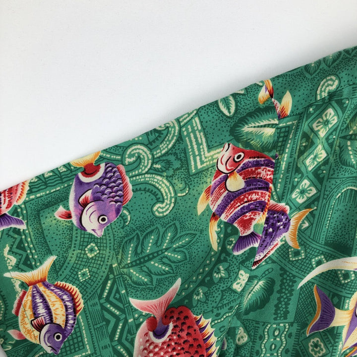 80s-90'S JOE KEALOHA All-over fish print open-collar Hawaiian Aloha shirt, boxy style, men's size L equivalent, vintage. unclear green type Vintage Second Hand