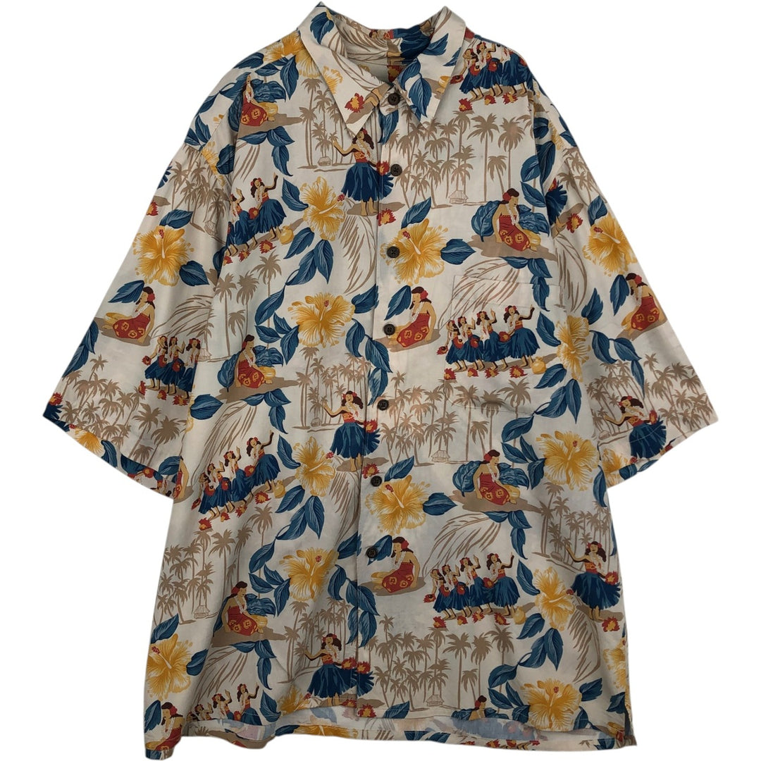 80s-90'S Reyn Spooner Diamond Head tag all-over print hibiscus pattern palm tree aloha shirt, men's size XL equivalent. Rayon Beige type Vintage Second Hand