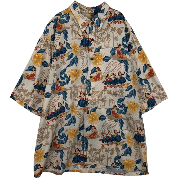 80s-90'S Reyn Spooner Diamond Head tag all-over print hibiscus pattern palm tree aloha shirt, men's size XL equivalent. Rayon Beige type Vintage Second Hand