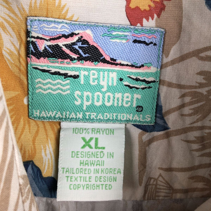 80s-90'S Reyn Spooner Diamond Head tag all-over print hibiscus pattern palm tree aloha shirt, men's size XL equivalent. Rayon Beige type Vintage Second Hand